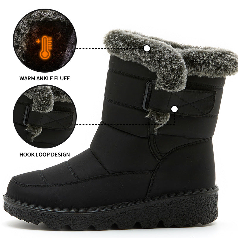 Snow Boots Winter Warm Hook And Loop Fastener Plush Shoes Women Waterproof Low Heels Platform Ankle Boots