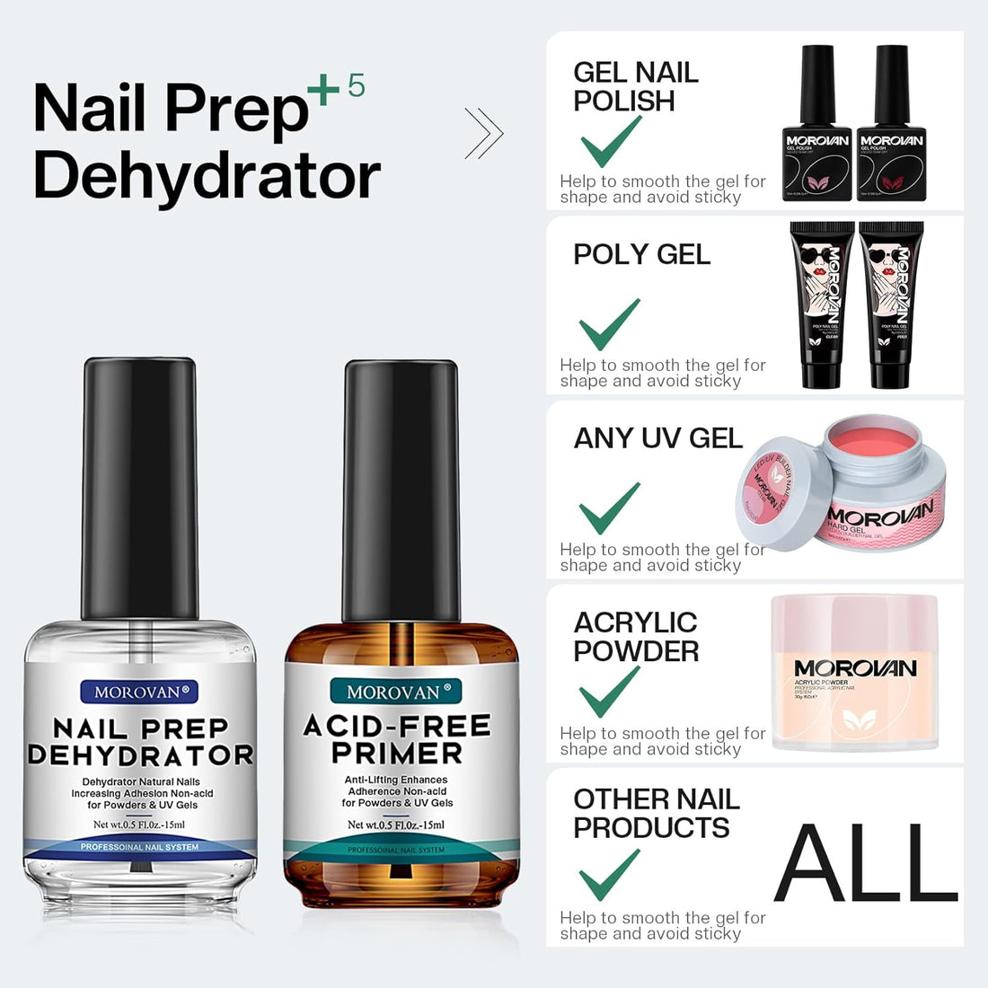 Morovan Professional Natural Nail Prep Dehydrate and Acid-Free Primer Gel Nail Polish