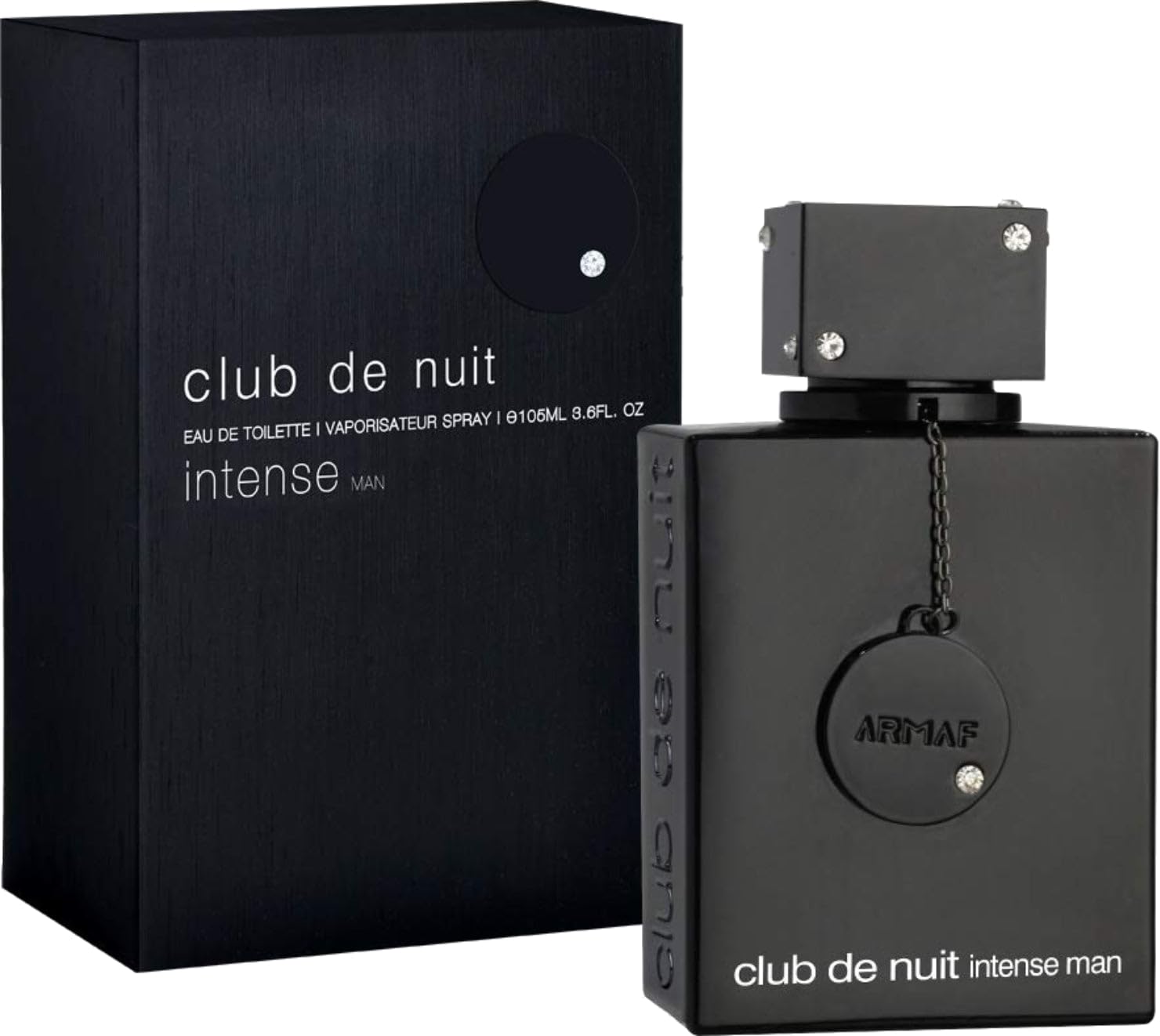 Close-up of the ARMAF Club de Nuit Intense Man EDT black bottle from BodyBlissEssentials, showcasing its rugged, premium design details and masculine aesthetic