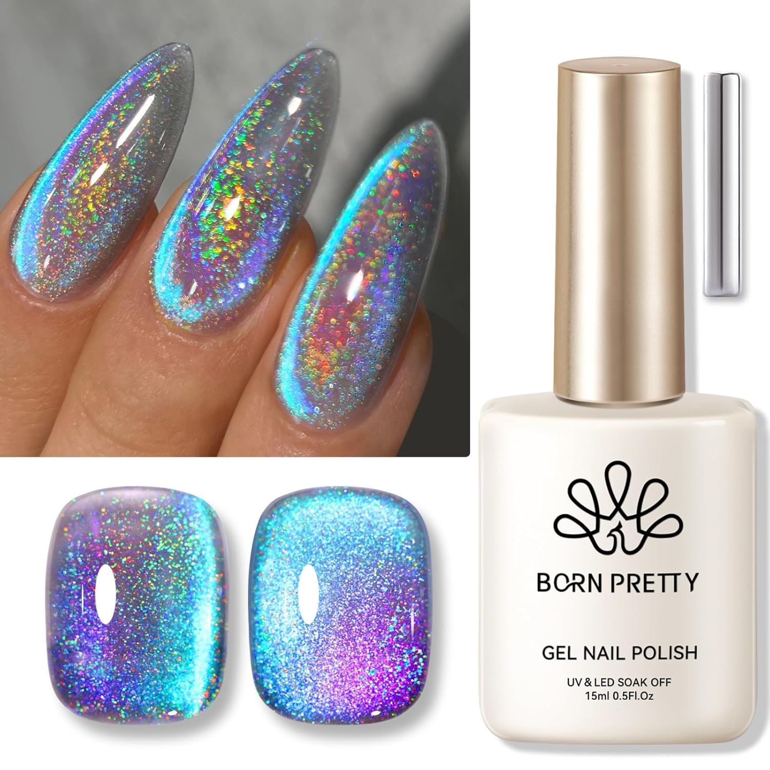 Born Pretty 9D Cat Magnetic Eye Gel Nail Polish from BodyBlissEssentials, featuring a multi-chrome, holographic formula for dynamic nail art effects