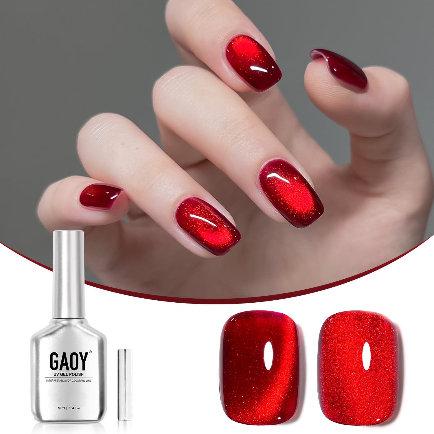GAOY Red Cat Eye Gel Nail Polish from BodyBlissEssentials, a magnetic gel designed to create dynamic 3D shimmer effects on nails