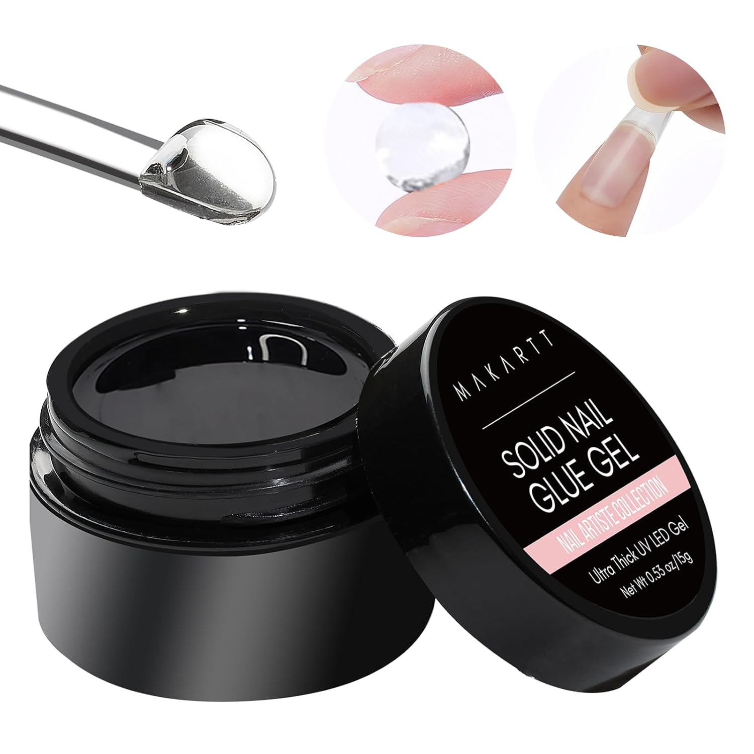 Makartt Solid Nail Glue Gel from BodyBlissEssentials in its convenient pot, ideal for strong and mess-free press-on nail application.