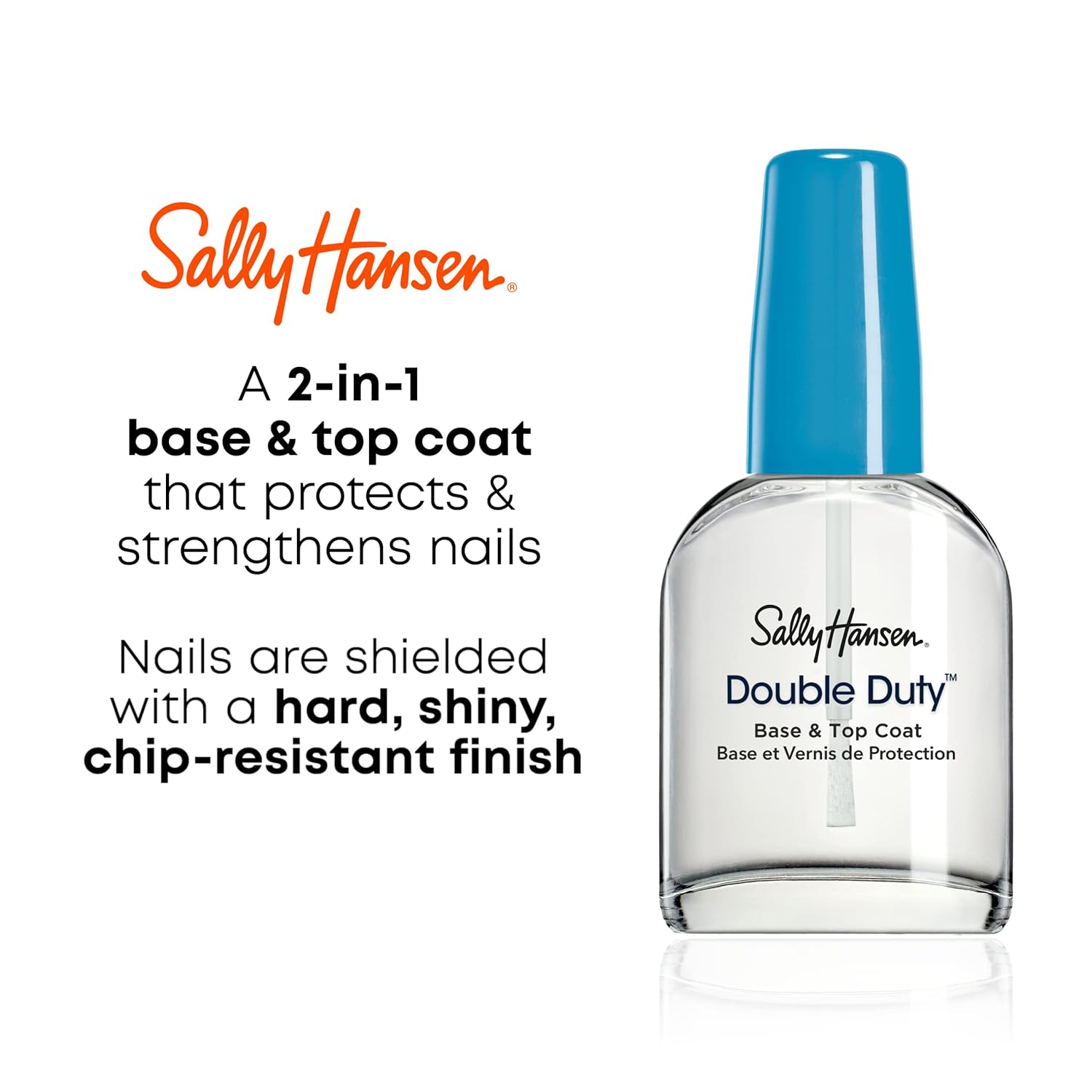 Applying Sally Hansen Double Duty™ Nail Polish by BodyBlissEssentials as a protective base coat, ensuring a smooth foundation for a long-lasting manicure.