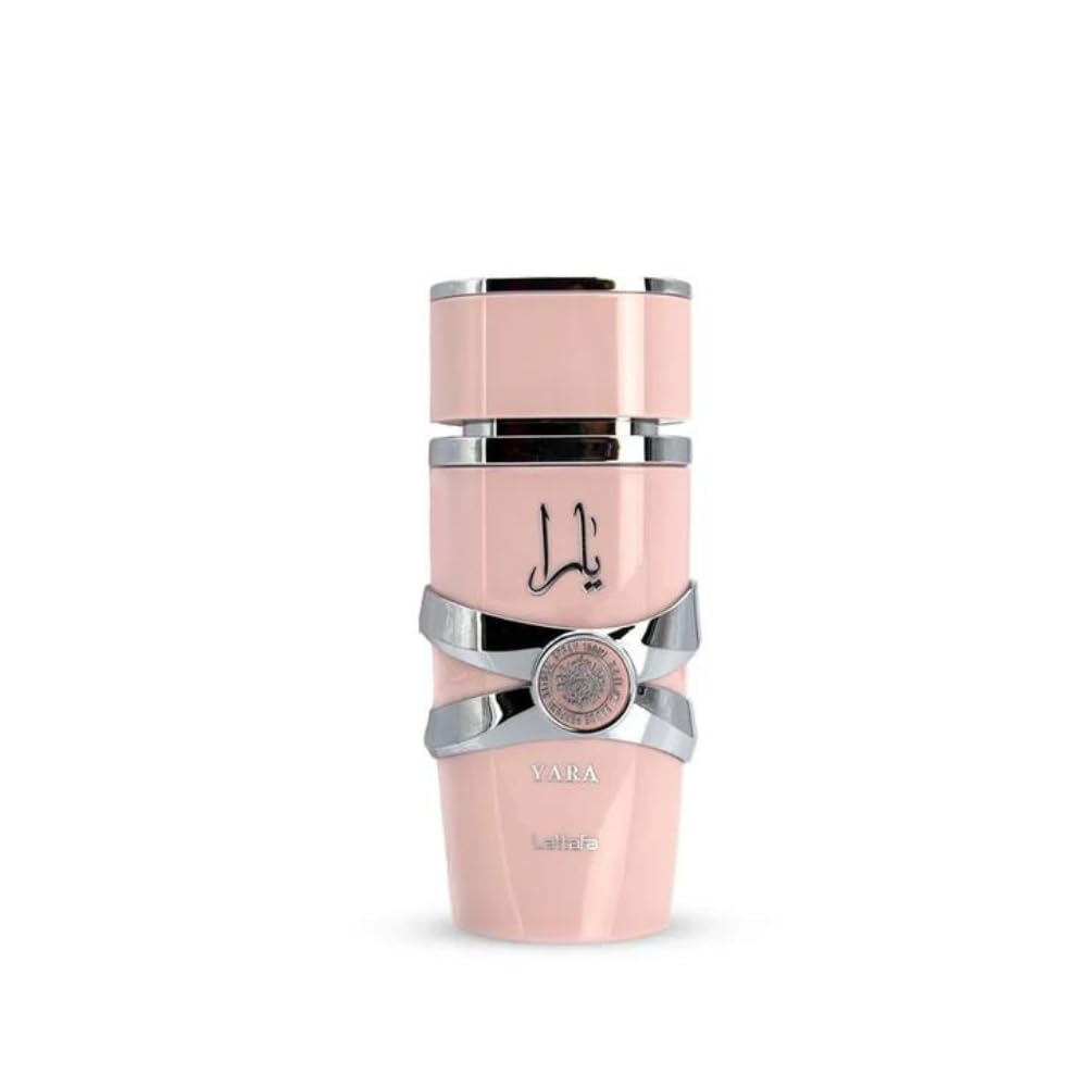Lattafa Yara Eau de Parfum for Women from BodyBlissEssentials, featuring its signature pink bottle, containing a luscious blend of Vanilla, Gourmand, Fruity, and Floral notes