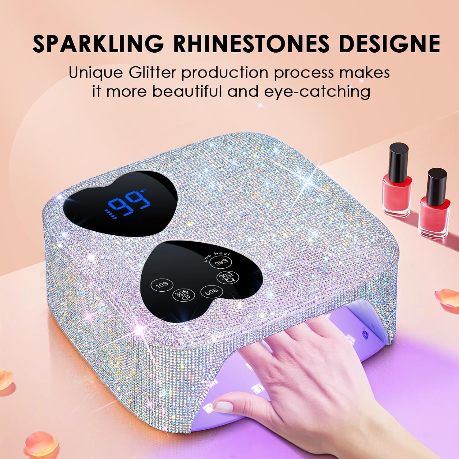 User easily curing gel nails with the portable Cordless UV LED Nail Lamp by BodyBlissEssentials, demonstrating its freedom from power outlets and flexible use