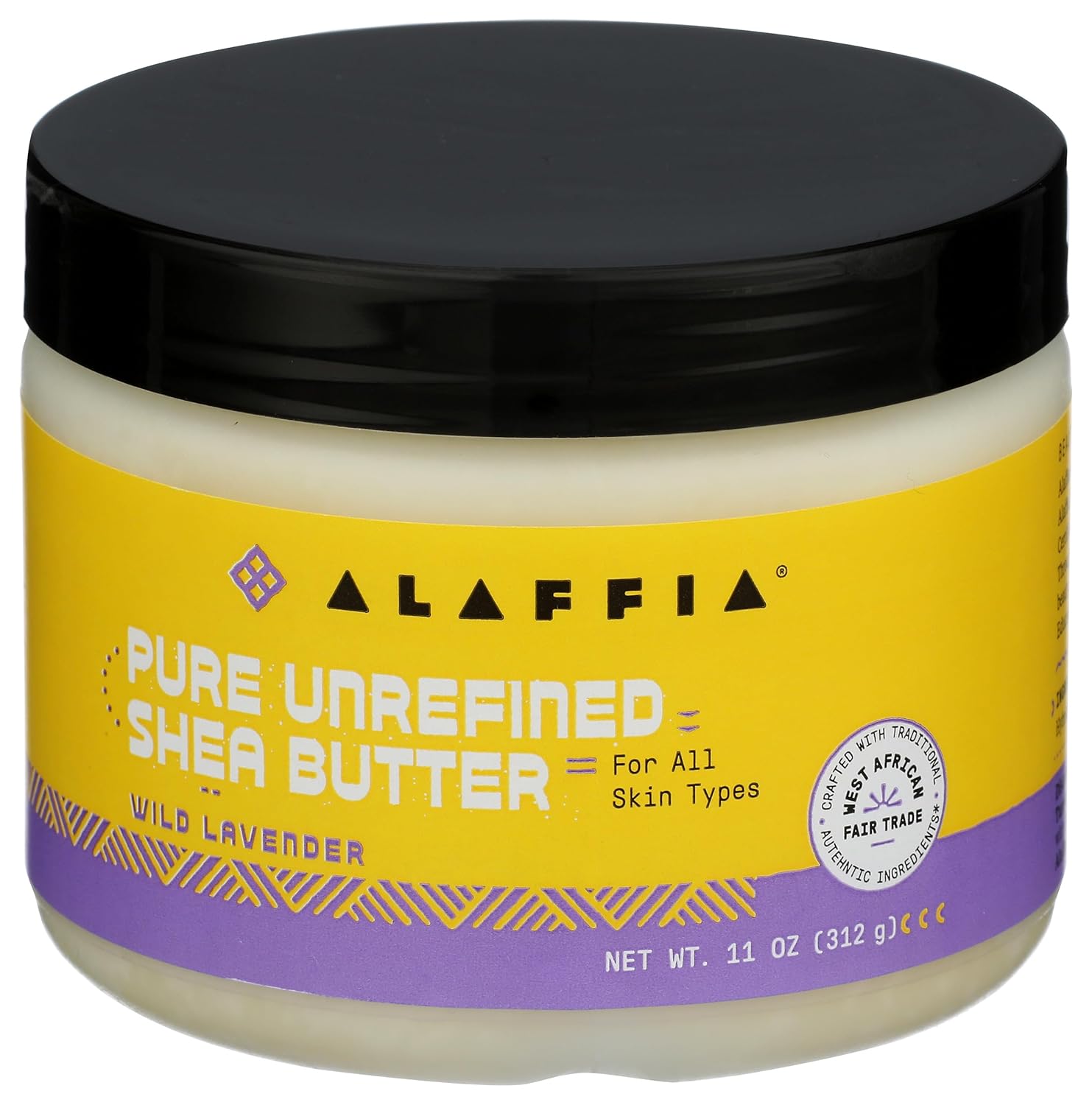 ALAFFIA Lavender Authentic African Unrefined Shea Butter jar from BodyBlissEssentials, showcasing its natural packaging, offering intense hydration and a soothing lavender scent.