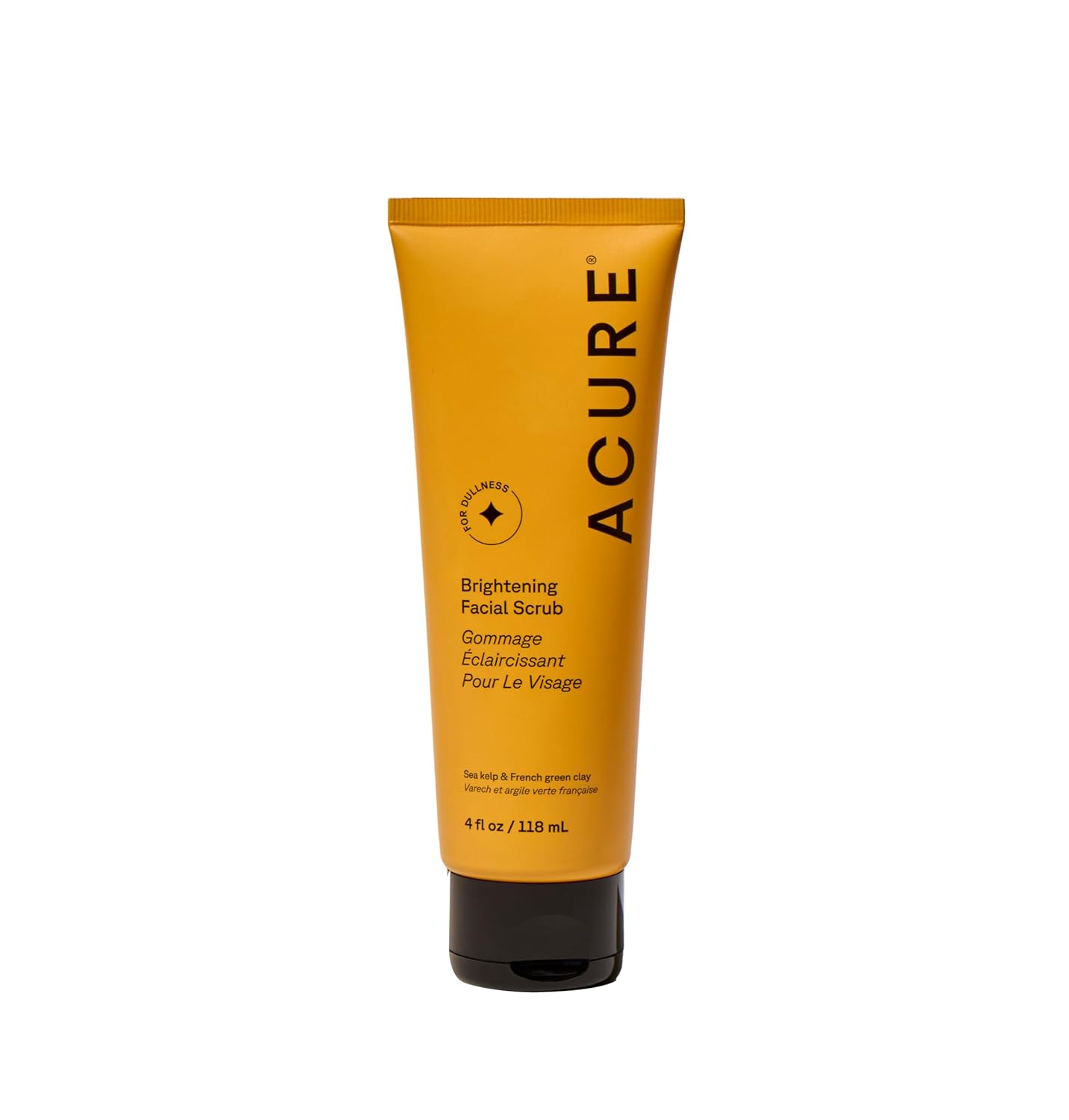 Acure Brightening Facial Scrub tube from BodyBlissEssentials, a natural and vegan exfoliant designed to reveal a youthful and radiant complexion.