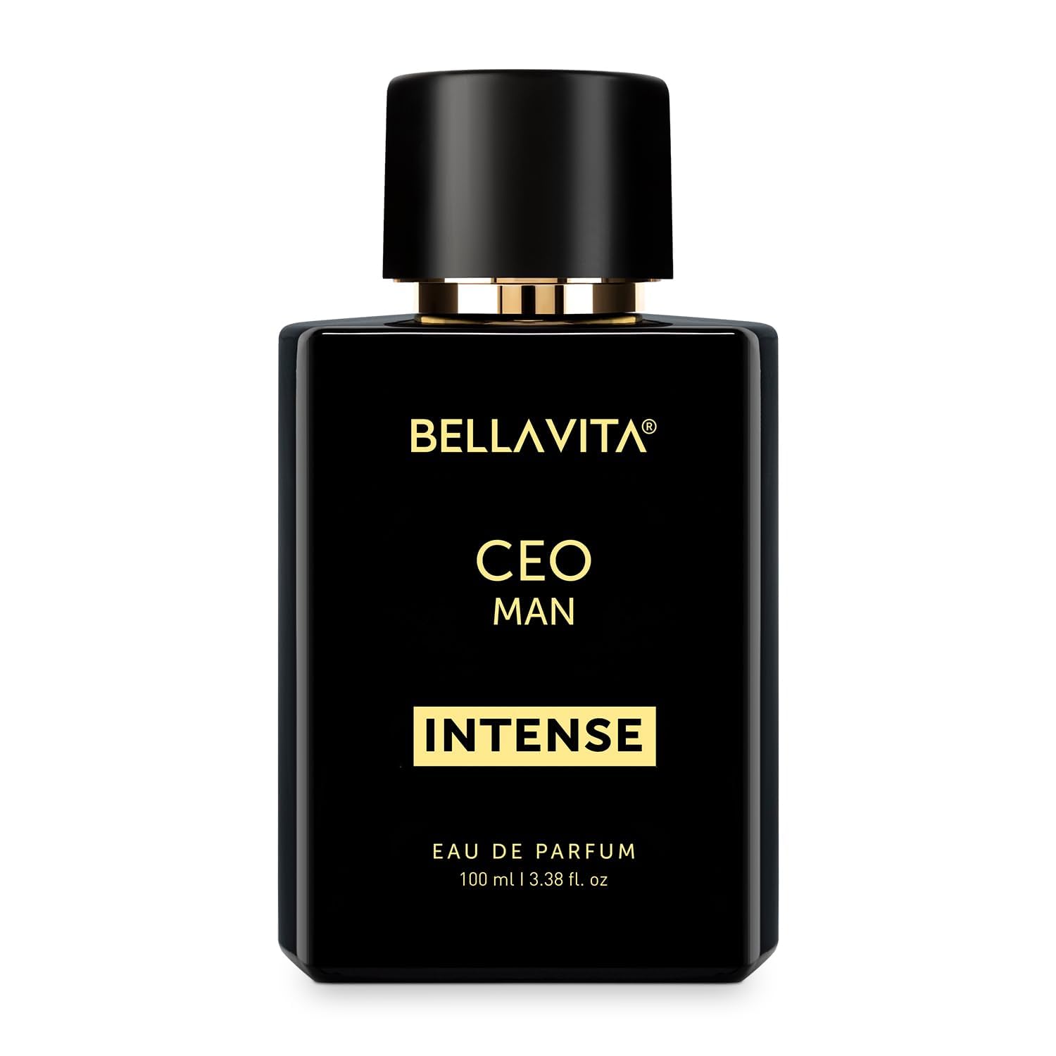 BellaVita Luxury CEO Man INTENSE Eau De Perfume from BodyBlissEssentials, featuring its sleek bottle design, symbolizing power and modern masculinity