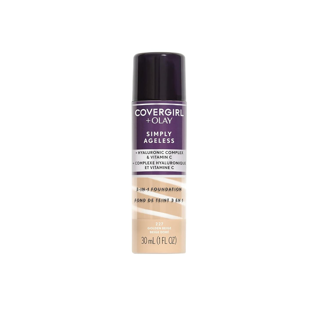 CoverGirl & Olay Simply Ageless 3-in-1 Liquid Foundation from BodyBlissEssentials, featuring a pump bottle in a natural skin tone shade for anti-aging coverage