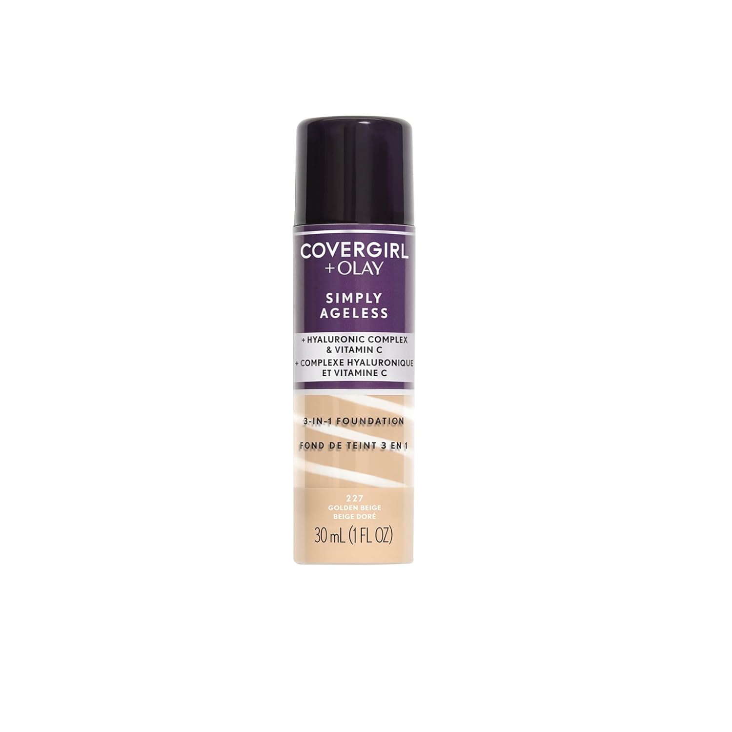 CoverGirl & Olay Simply Ageless 3-in-1 Liquid Foundation from BodyBlissEssentials, featuring a pump bottle in a natural skin tone shade for anti-aging coverage