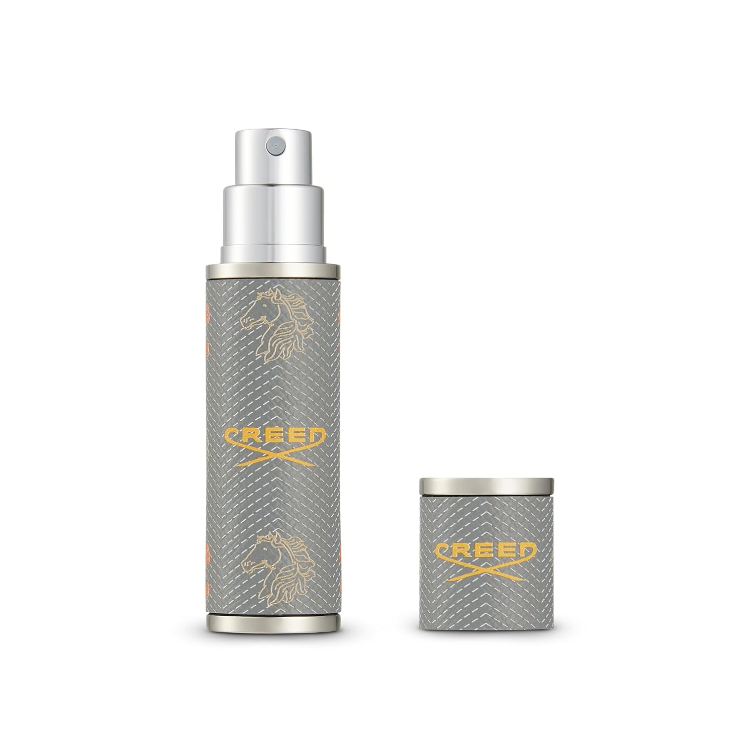 Creed Perfume Atomizer from BodyBlissEssentials, a premium refillable travel spray bottle for luxury fragrances, featuring a sleek metallic finish.