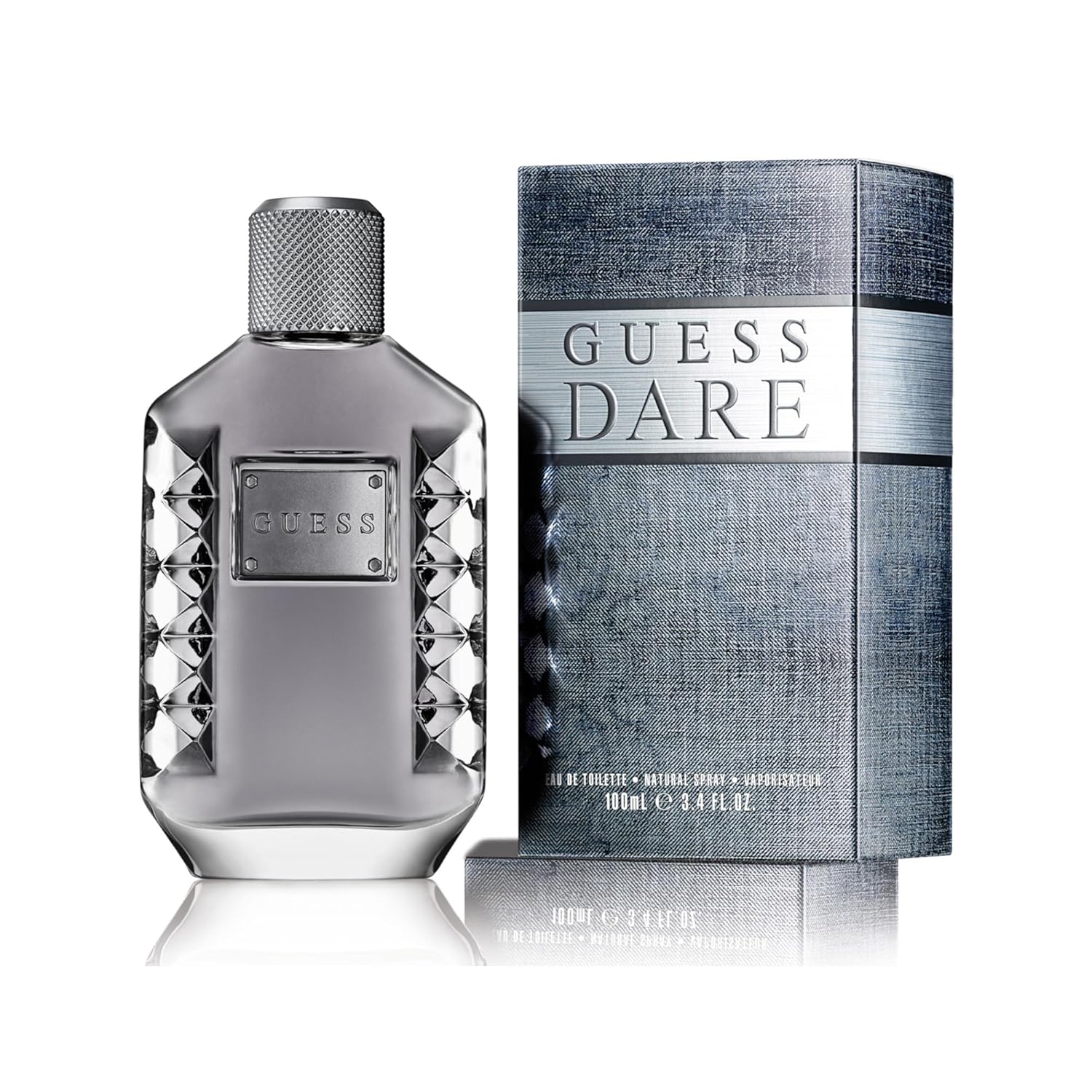 GUESS Dare Eau De Toilette for Men from BodyBlissEssentials, featuring its sleek bottle design, symbolizing modern masculinity and daring spirit