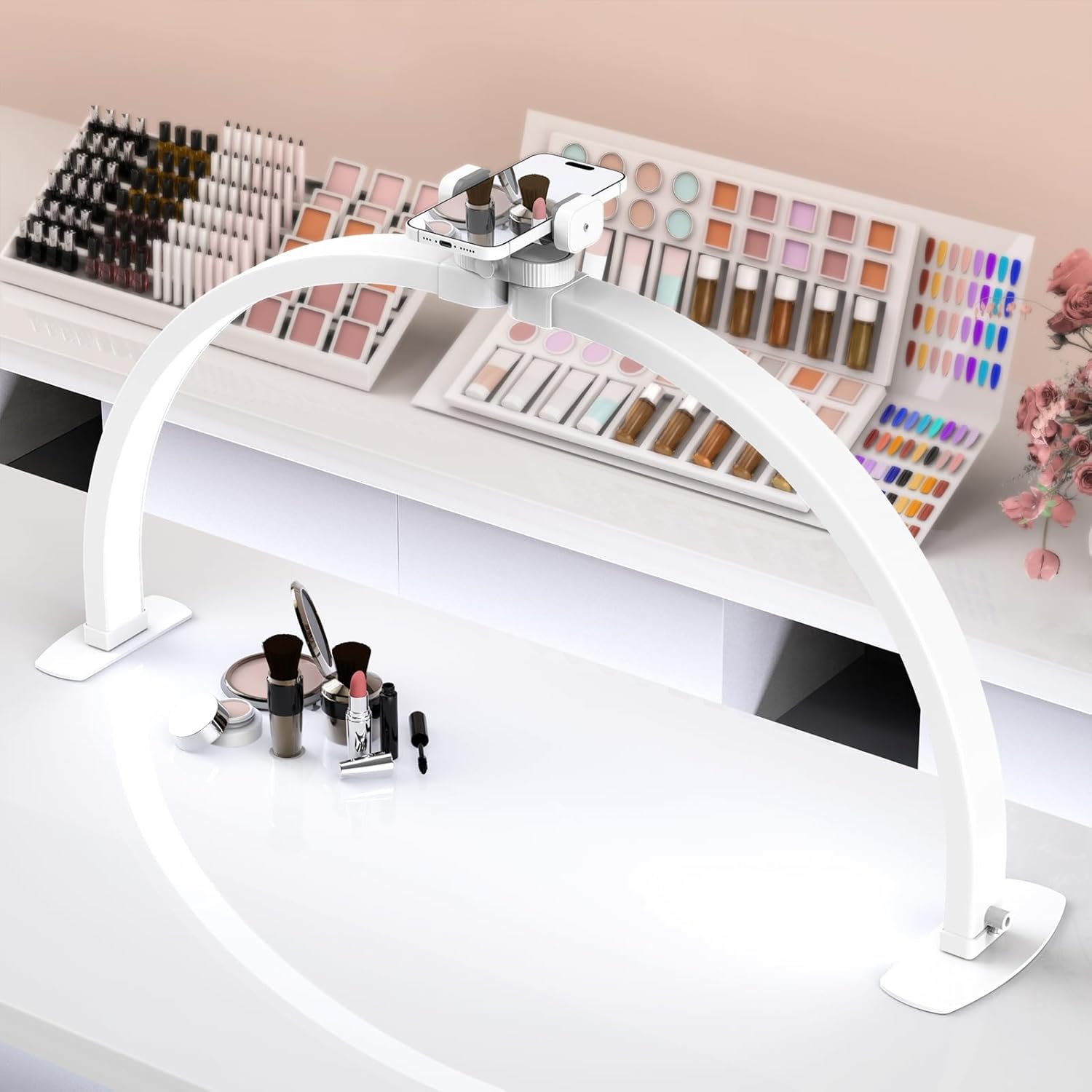 Premium Large Half Moon LED Light from BodyBlissEssentials providing bright, even illumination over a nail technician's workstation for detailed manicures