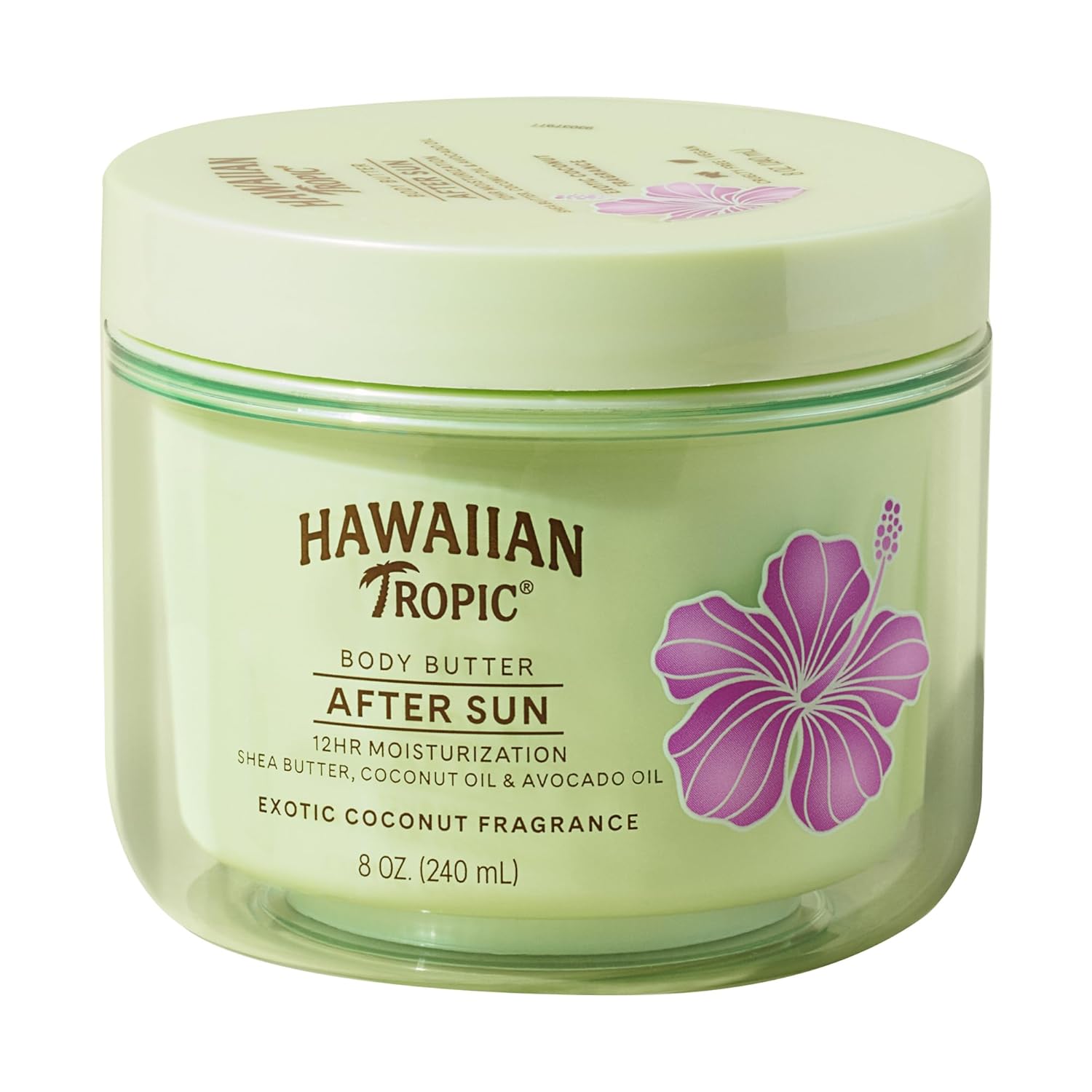 Hawaiian Tropic After Sun Body Butter with Coconut Oil from BodyBlissEssentials, in its iconic tropical packaging, a rich cream for 12-hour post-sun hydration.