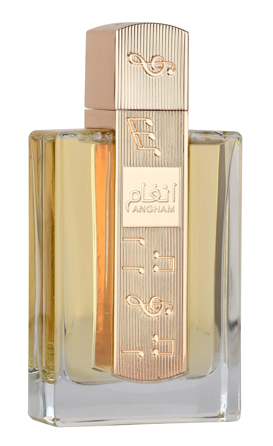 Lattafa Angham perfume bottle from BodyBlissEssentials, featuring a sophisticated design, containing a luxurious blend of Citrus, Lavender, Musk, Amber, and Vanilla
