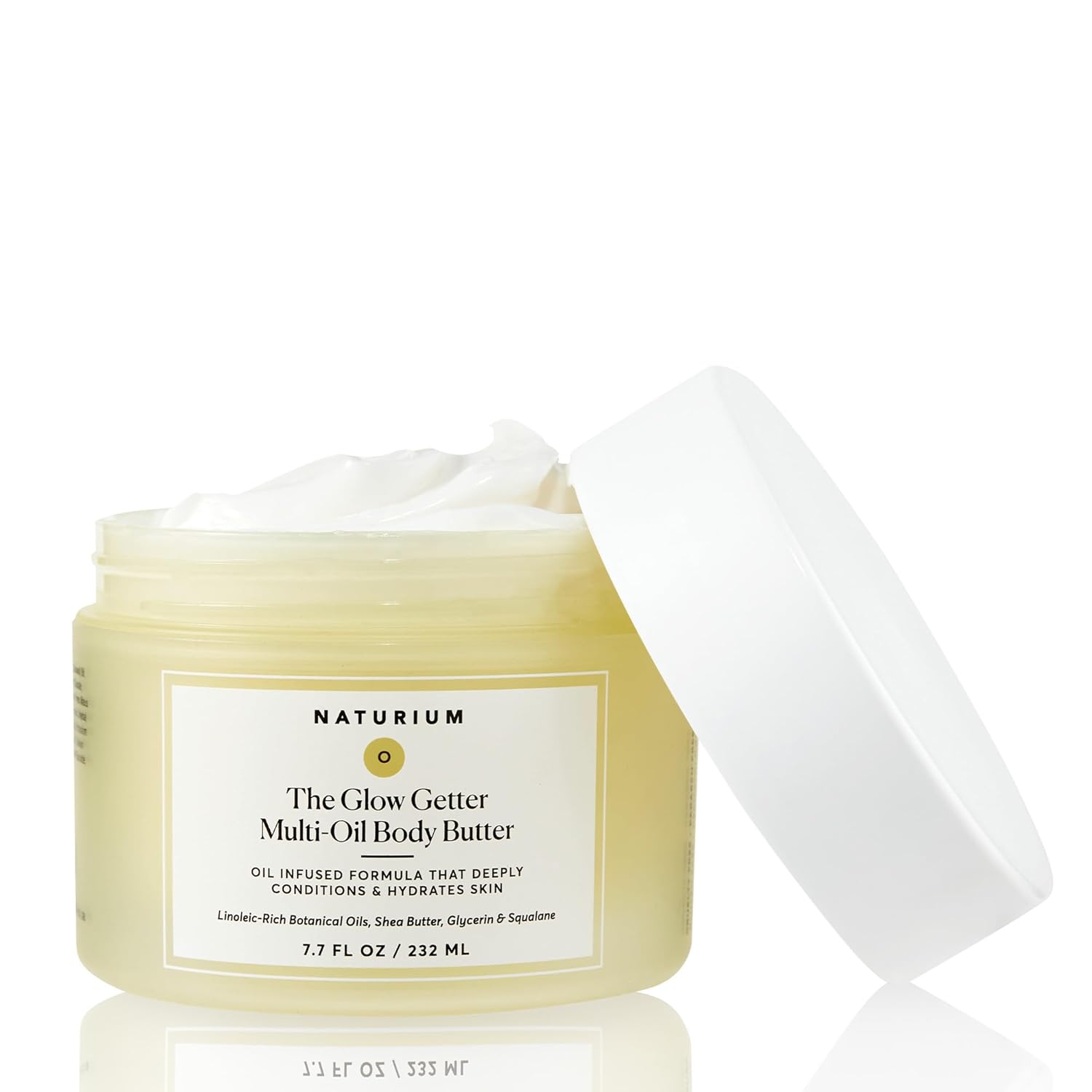 Naturium The Glow Getter Whipped Multi-Oil Body Butter from BodyBlissEssentials, in its sleek jar, formulated to deliver deep hydration and a radiant glow to skin