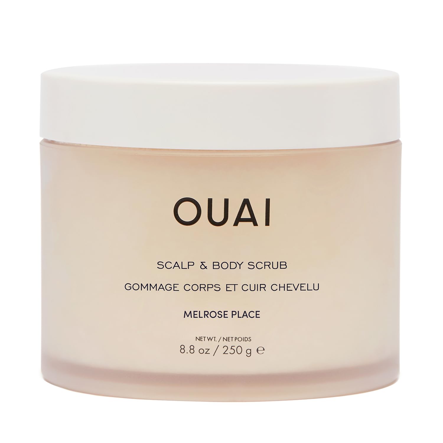OUAI Scalp & Body Scrub from BodyBlissEssentials, in its sleek tub, revealing a rich, purifying texture for comprehensive exfoliation and cleansing.