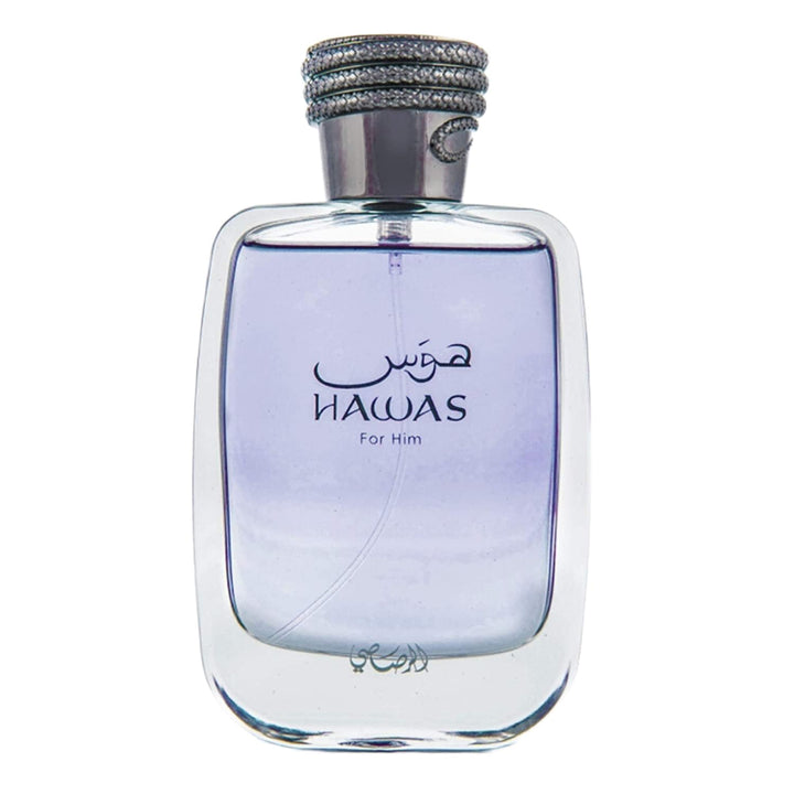 RASASI Hawas for Men EDP from BodyBlissEssentials, featuring its distinctive silver bottle with snake motif, symbolizing a powerful and captivating long-lasting fragrance.