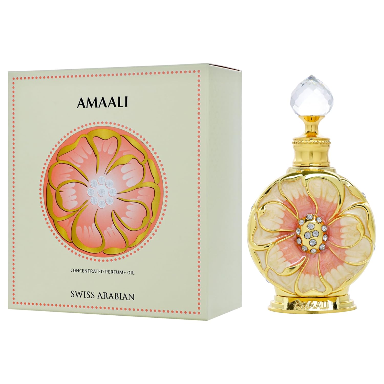 Swiss Arabian Amaali Eau de Parfum from BodyBlissEssentials, featuring its beautifully designed bottle, containing a vibrant and enchanting floral-fruity fragrance