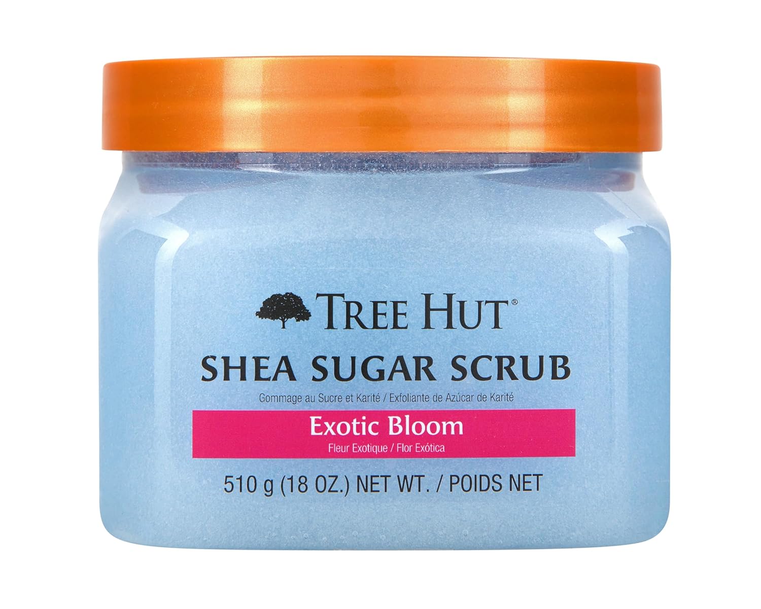 Tree Hut Exotic Bloom Shea Sugar Scrub from BodyBlissEssentials, in its signature tub, revealing a rich, exfoliating texture infused with an exotic floral scent.