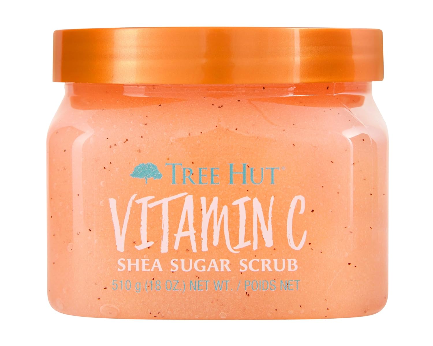 Tree Hut Vitamin C Shea Sugar Scrub from BodyBlissEssentials, in its vibrant orange tub, revealing a rich exfoliating texture designed to brighten and invigorate skin.