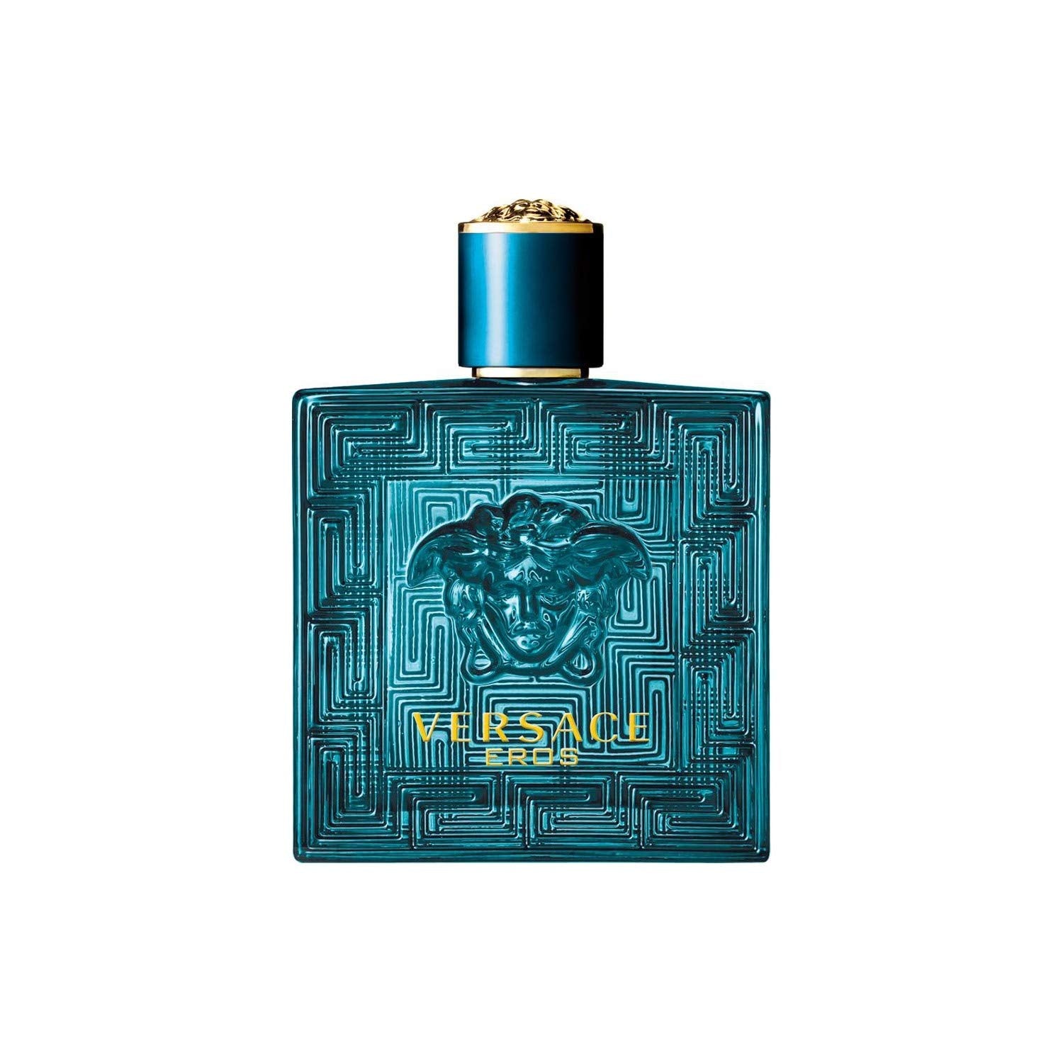 Versace Eros for Men 3.4 oz Eau de Toilette Spray from BodyBlissEssentials, featuring its iconic turquoise bottle with Medusa head design, symbolizing power and passion