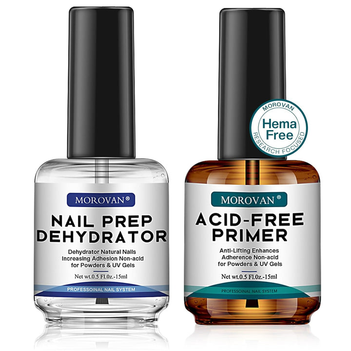 Morovan Professional Natural Nail Prep Dehydrate and Acid-Free Primer set from BodyBlissEssentials, crucial for perfect gel nail polish adhesion.